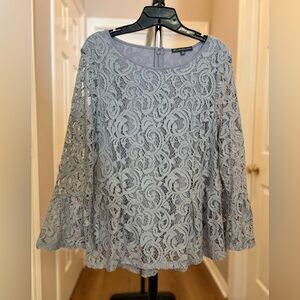 Adrianna Papell Light Grey Lace Bell Sleeve Blouse